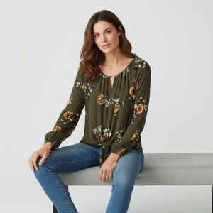 Vaeh Dark Green Floral Tie Front Blouse Large